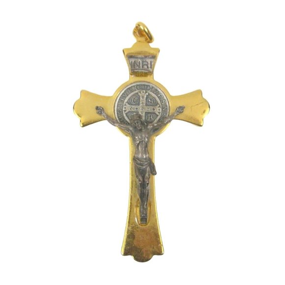 St. Benedict Cross Pendant ONLY 3.2 Inch Goldtone Eivs Obitv Nro Prae Sentia - Picture 1 of 7